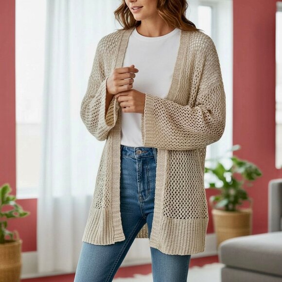 Xhilaration Boho Cardigan Sweater Cream Crochet Open Front Festival - Picture 13 of 13